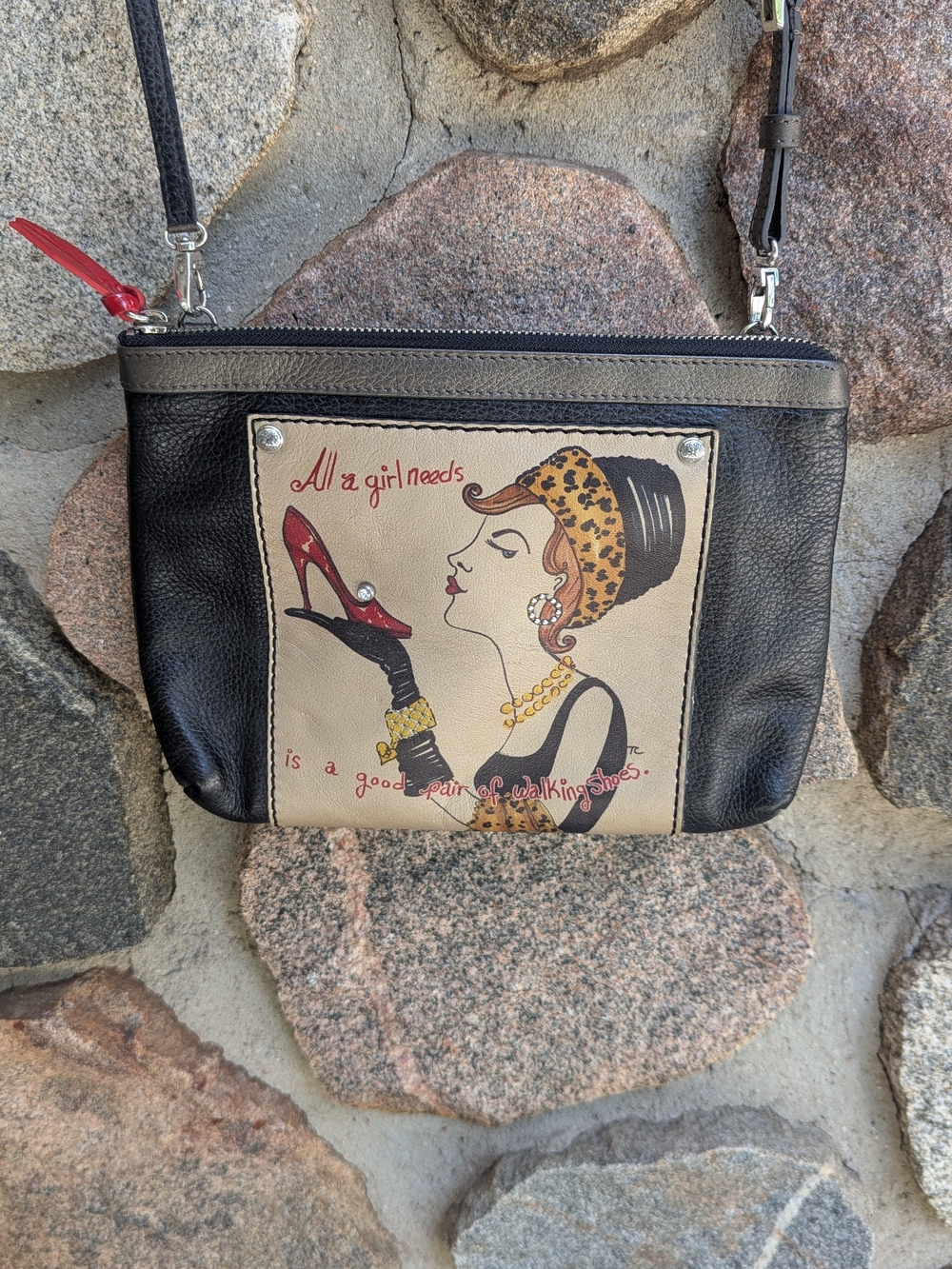 Brighton Black and Beige Graphic Crossbody Bag - 'All a girl needs'